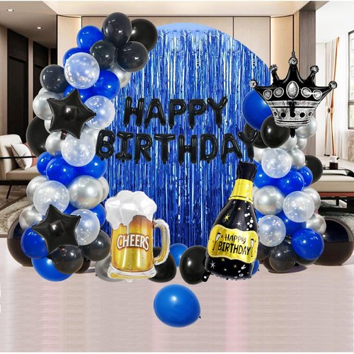 Navy Blue Black and Silver Birthday Party Supplies for Men, Black Happy Birthday Letter Balloons Banner Blue Fringe Curtain Foil Balloons for Boys or Men's 21st 25th 35th 60th Birthday Decorations