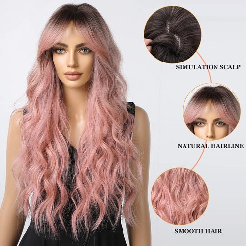 Esmee Long Wavy Pale Pink Wig For Women Bangs Wig Curly Synthetic Hair Natural Looking Heat Resistant Fiber For Daily Party Cosplay Christmas Wear