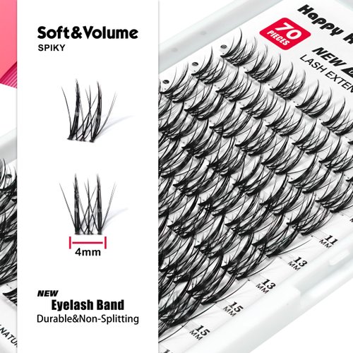 Spiky Lash Clusters Thin Invisible Band Eyelash Extension D Curl Russian Volume Clusters Mixed Clear Band Manga Individual Lashes Reusable DIY False Eyelashes Happy Heartbeat(Black A2-D)