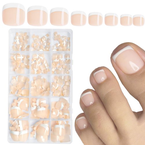 AddFavor Press on Toenails, 240pcs French Tip Toe Nail Press ons Short Square Fake Toe Nails 15 Sizes Nude Acrylic Toe Nail Tips for Women