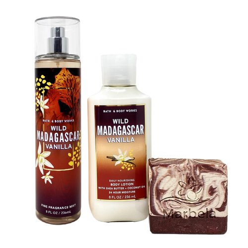 Bath & Body Works Wild Madagascar Vanilla 2 Piece Gift Set with a Cherry On Top Bar Soap - Fragrance Mist and Body Lotion - Full Size