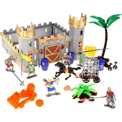 PowerTRC Medieval Castle Figure Knights Kingdom Castle Playset Action Figure Toy Army Castle Toy w/ Figurines, Catapult, Accessories in Storage Bucket