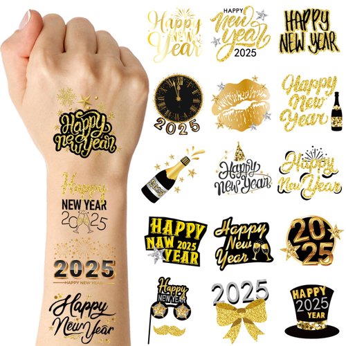JoyfulGlam 70 Pieces New Years Eve Party Supplies 2025 Happy New Year Temporary Tattoos NYE Party Favors Decorations
