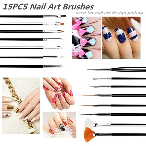 FULINJOY 20PCS Nail Art Design Tools, 15PCS Painting Brushes Set (Black) with 5PCS Dotting Pens