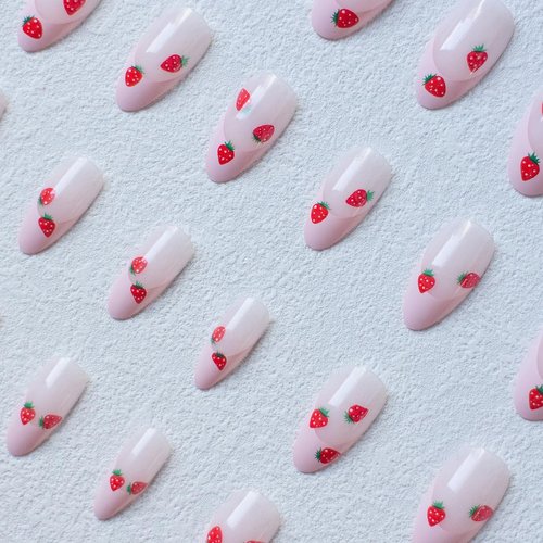 24Pcs Pink French Tip Press on Nails Short Almond Fake Nails Cute Strawberry Glue on Nails Nude Pink Acrylic Nails Full Cover Stick on Nails Spring False Nails for Women Girls Manicure Decoration