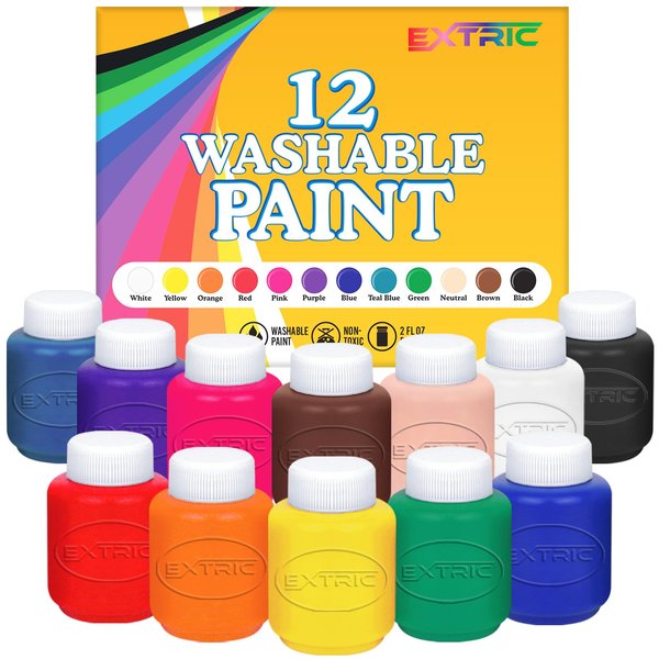 Kids Paint Set - 12 Colors Kids Paint 2 oz Each - Washable Paint for Kids, Non Toxic Washable Tempera Paint, Paint Set for Kids Art, Craft, School and Home Finger Painting Projects