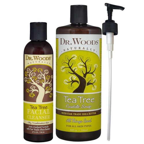 Dr. Woods Tea Tree and Organic Shea Butter Facial Cleanser & Liquid Castile Soap Combo for Oily to Combination Skin - 8 oz and 32 oz with a Pump (Bundle Pack of 2)