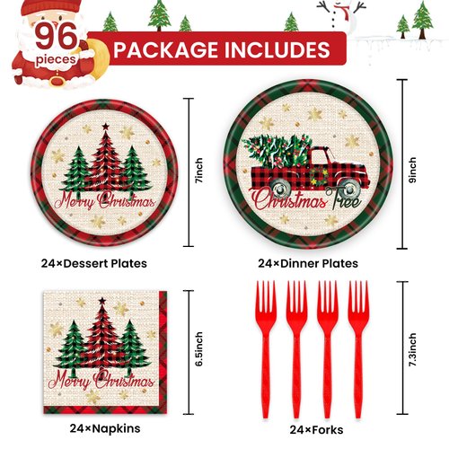 96PCS Christmas Party Supplies Paper Plates and Napkins, Red Green Plaid Christmas Tree Tableware Set Party Plates and Napkins Forks for Winter Christmas Party Decorations Serves 24 (Christmas)