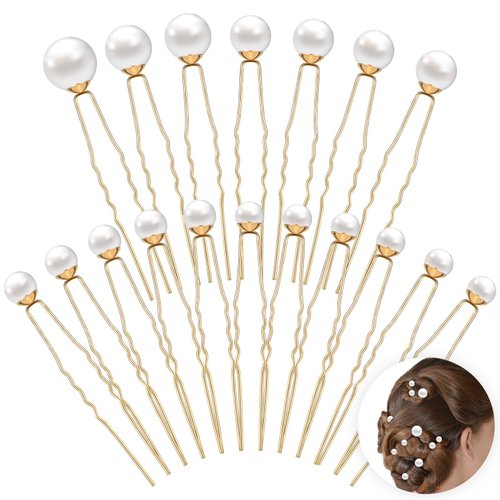 JIEYAO 18 Pcs Wedding Pearl Hair Pins, Pearl Hair Accessories, Bridal Pearl Bobby Pins U Shape Pearl Rhinestone Hair Barrette Bridal Hair Clips Decorative for Bride Bridesmaid Women Girls(Gold)