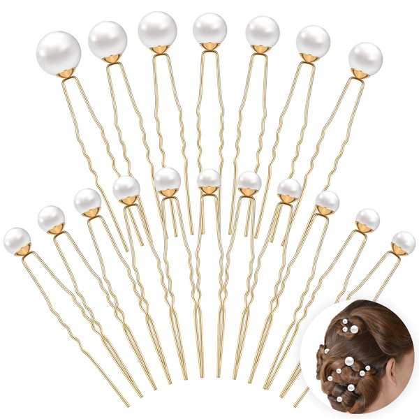 JIEYAO 18 Pcs Wedding Pearl Hair Pins, Pearl Hair Accessories, Bridal Pearl Bobby Pins U Shape Pearl Rhinestone Hair Barrette Bridal Hair Clips Decorative for Bride Bridesmaid Women Girls(Gold)