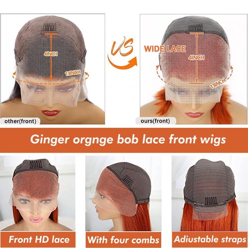 RQY Ginger Bob Lace Front Wigs Human Hair 8inch 13X4 Short Straight Lace Front Wigs 180% Density Colored Ginger Orange Bob Lace Front Human Hair Wigs Pre Plucked Natural Hairline With Baby Hair
