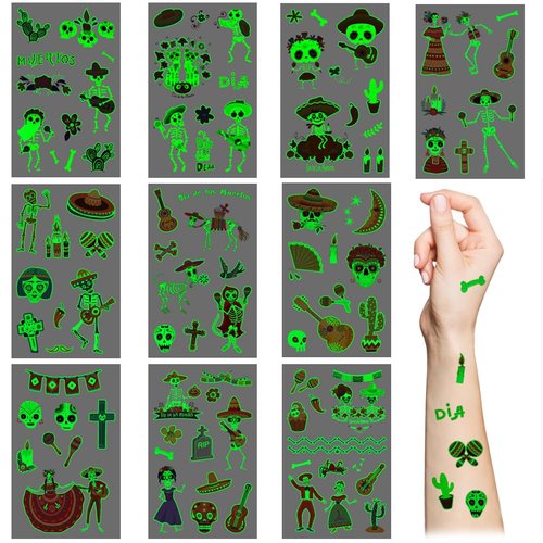 Day of the Dead Temporary Tattoos,10 Sheets Luminous Mexican Fiesta Glow in The Dark Tattoo Sticker,Sugar Skull Skeleton Cactus Tattoo Set for Kids Girls Boys Halloween Party Supplies