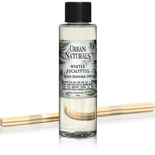 Urban Naturals Winter Eucalyptus Reed Diffuser Refill Oil | Crisp Eucalyptus, Mint, Spruce, Cedar, Amber & Cedarwood Essential Oils | Includes a Free Set of Reed Sticks! 4 oz Made in The USA