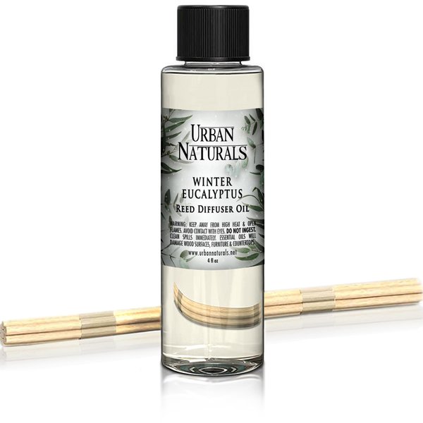 Urban Naturals Winter Eucalyptus Reed Diffuser Refill Oil | Crisp Eucalyptus, Mint, Spruce, Cedar, Amber & Cedarwood Essential Oils | Includes a Free Set of Reed Sticks! 4 oz Made in The USA