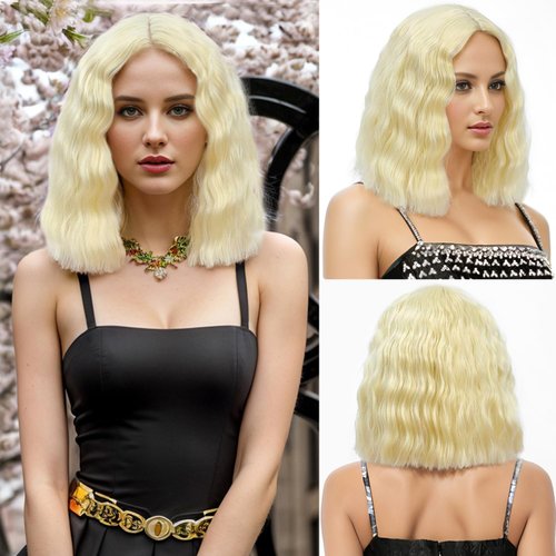 Bellamila 12'' Blonde Short Wavy Bob Curly Wig for Women Synthetic Curly Cosplay Wigs for Girl Colorful Costume Wigs with 2 Pieces Wig Caps