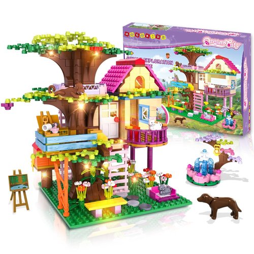 HOGOKIDS Tree House Building Toy with LED Light - 613PCS STEM Treehouse Girl Building Block Set with Fountain Animals, Birthday Gifts for Girls Boys Kids Ages 6 7 8 9 10 11 12+