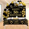 Trgowaul 50th Birthday Decorations for Men Women - Black Gold Happy 50th Birthday Backdrop Banner, 2 Pcs Happy Birthday Tablecloth, 60 Pc Latex Confetti Balloons, 50 Years Old Birthday Party Supplies