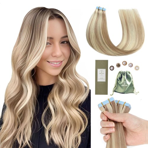 Missme Tape In Hair Extension Human Hair,18ins 20pieces 50g Tape On Hair Extensions 100% Real Remy Human Ash Blonde Highlighted Bleach Blonde Hair For Women
