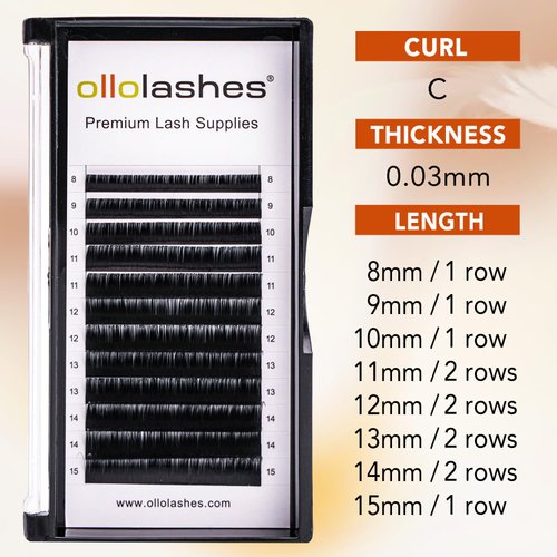 OLLOLASHES Lash Trays for Lash Extensions B/C/CC/D/J Curl Mix4-20mm 0.03-0.15 thickness Super Matte Eyelash Extensions, Professional Supplies for Lash Techs (C-0.03, 8-15mm)