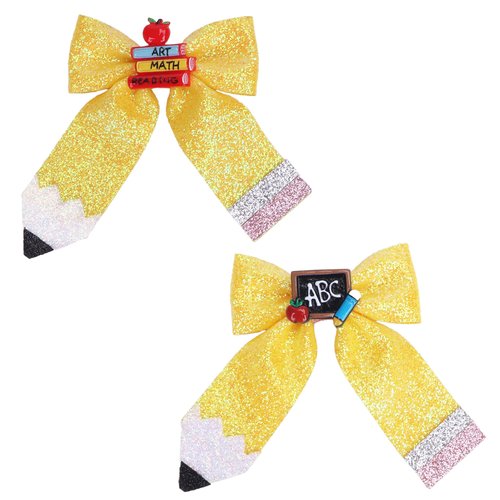 2PCS School Pencil Hair Bows, Beleki Back to School Hair Bow Clip Glitter Leather Yellow Pencil H...