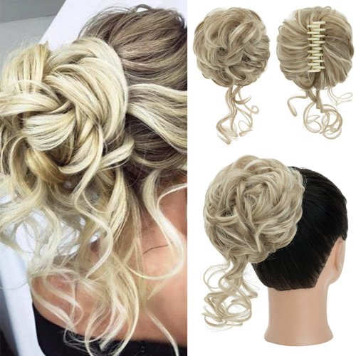 S-noilite Claw Clip Messy Bun Hair Pieces Updo Fake Hair Bun with Claw Clip Blonde Curly Wavy Hair Bun Ponytail Extensions Claw Clip in Hair Bun Hairpieces Scrunchie for Women(16P613#mixed Blonde)