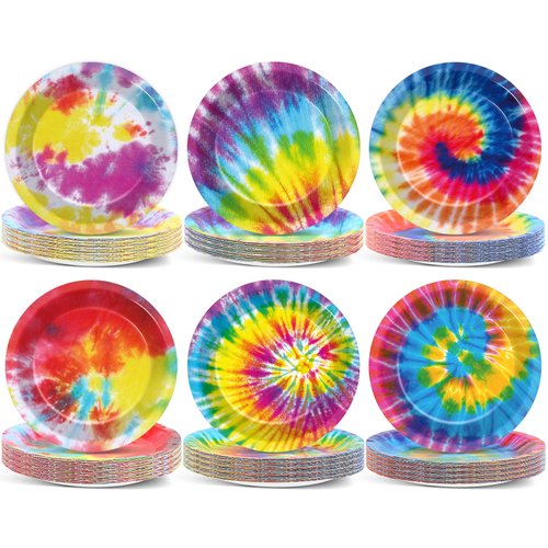 72PCS Tie Dye Plates Birthday Party Supplies Rainbow Tie Dye Party Decorations Colorful Tableware Set 7in Disposable Dessert Paper Plates for 60s 70s Theme Hippie Carnival New Year Holiday Party Favor