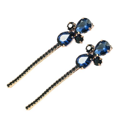 2PCS Women Lady Vintage Imitation Crystal Rhinestone Alloy Barrettes Side Clip Hairpin Hair Clip Bobby Pins Hair Accessories for Wedding Bridal (Blue)