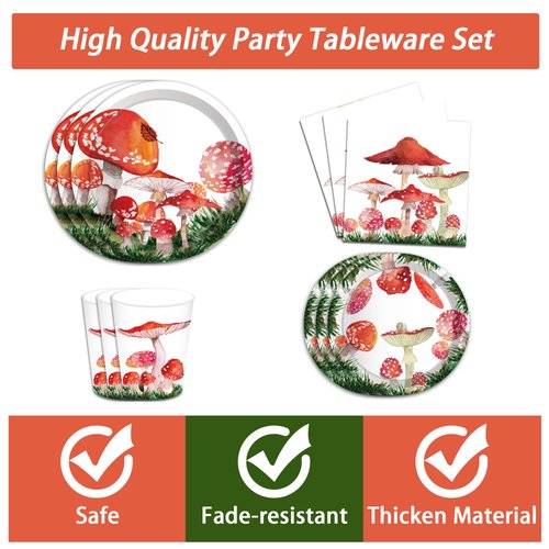 Adirasenotek Mushroom Party Plates, Napkins, Cups,Disposable Paper Party Supplies for Birthday, Baby Shower, Wedding, Modern Square Design, Red Mushroom Pattern,Mushroom Party Decorations All Seasons