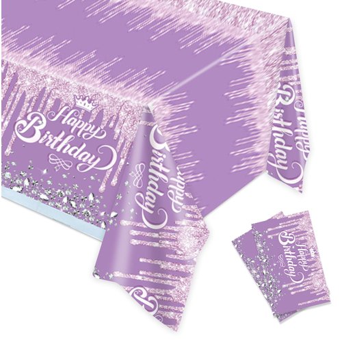 2pcs Purple and silver Birthday Party Tablecloth Glitter Diamonds Happy Birthday Tablecloth boy girl Party Supplies Decorations 70 inches x 51 inches for Purple and silver Birthday party supplies