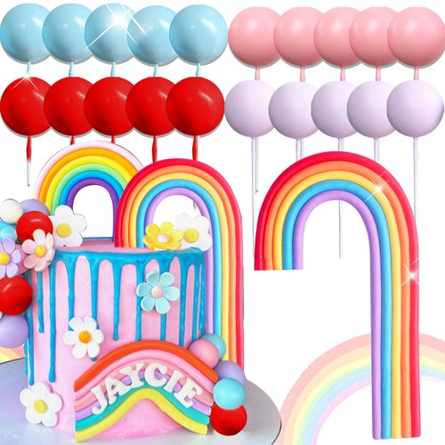 LaVenty Pastel Rainbow Cake Topper Rainbow Cake Toppers Colorful Balls Cake Decorations for Weddi...