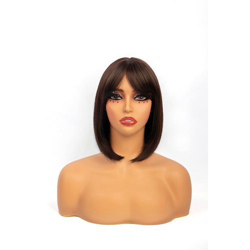 SECHNALL12 Inch Dark Brown Wigs with Bangs Short Bob Wigs for Women Natural Look Blonde Bob Wig with Bangs Heat Resistant Wig for Everyday Cosplay Halloween