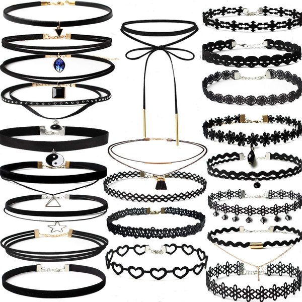 YOKER 22 Pcs Black Choker Necklaces Set Womens Velvet Choker Set Classic with Lace Tattoo Charm Girls Stretch Necklace Gifts