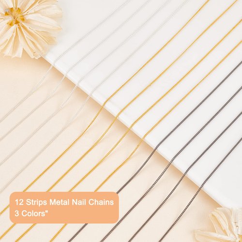 NICENEEDED 12 Strips Metal Nail Art Chains, Nail Jewelry Chains Nail Decorations with Box, 3D Gold & Silver & Black Nail Chains Nail Ornaments Nail Art Studs for Manicure Decoration & DIY