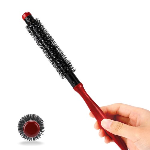 Small Round Brush for Blow Out, Dia 1 Inch Mini Quiff Roller Brush Portable Travel Brush with Wooden Handle and Stiff Nylon Bristles for Styling Wet, Dry, Short, Fine Hair, Bangs, Blowout Volume