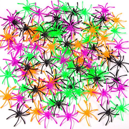 JIALWEN 120 Pieces Halloween Realistic Plastic Spiders 4 Colors Small Spider Toys Black Fake Spid...