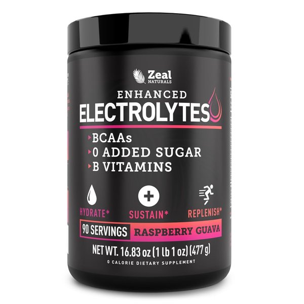 Zeal Naturals Electrolyte Powder Recovery Drink (90 Servings | Raspberry Guava) w/ 0 Sugar +BCAAs +B-Vitamins Electrolyte Supplement w Potassium Zinc & Magnesium for Hydration - Keto Electrolytes