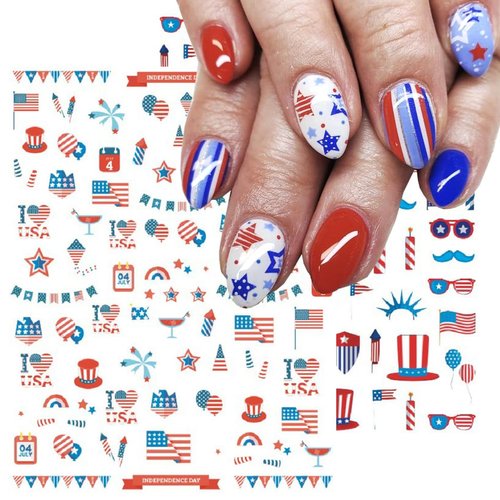8PCS Independence Day Nail Art Sticker 4th of July Nail Decals 3D Self-Adhesive USA Flags Heart Star Stripe Nail Designs Memorial Day Nail Supplies American for Women Independence Day Nail Decoration