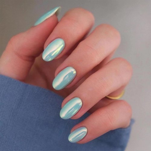 Light Blue Press on Nails Short Oval Fake Nails Chrome False Nails With Design Aurora Full Cover Acrylic Nails Press Ons，Solid Color Glossy Glue on Nails Almond Stick on Nails for Women Manicure 24Pcs