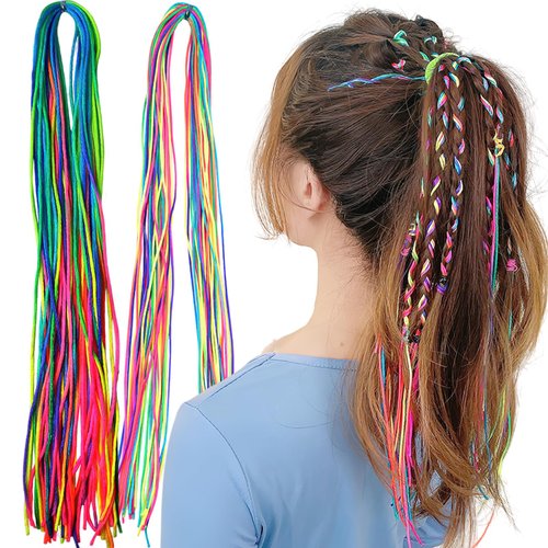 BASEMMAHER 50cs Colorful Hair Wrap String Braiding Ties Hair Extensions Rope Band - Sturdy Rainbow Gradient Color Yarn for Women Girls Braids Hair Styling Accessories