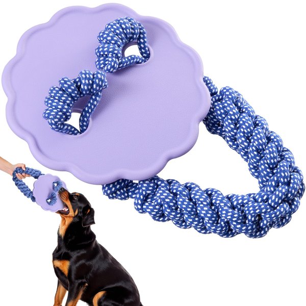Wagorific Dog Flying Disc with Durable Tug of War Rope for Medium/Large Aggressive Chewers Dog Natural Rubber Interactive Fetch Frisbee Toys Purple and Blue Vine2