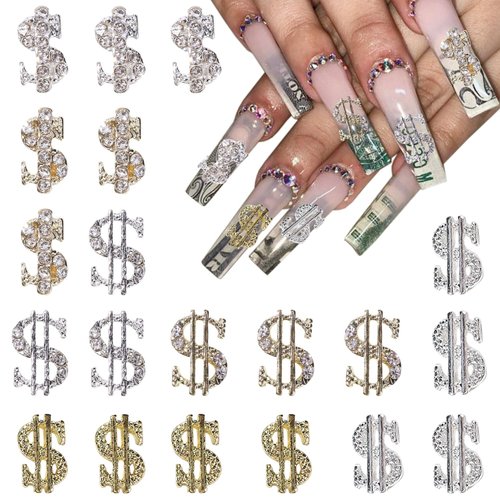 20 Pcs Money Sign Nail Charms Alloy Money Dollar Nail Art Charms with Rhinestone Gold and Silver Dollar Sign Nail Jewelry Flat Back Dollar Money Rhinestones for Nails Decoration Accessories