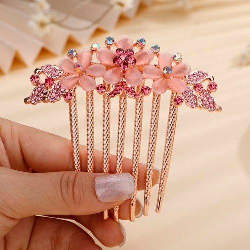 Missgrace Boho Luxury Glitter Sparkly Flower Pink Crystal Rhinestones Hair Side Combs Hairpins Barrettes Bride Hair Clips Accessories for Women Girls (Pink)
