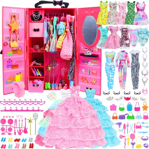 BJDBUS 110 Pcs Doll Wardrobe with Clothes and Accessories, Closet Set for 11.5 Inch Girl Doll Storage Wedding Gown Fashion Dresses Skirts Tops Pants Outfits Bikini Swimsuits Hangers Shoes Other Stuff