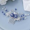 Latious Bride Wedding Crystal Hair Comb Silver Leaf Bridal Hair Clip Blue Pearl Hair Piece Rhinestones Hair Accessories for Women and Girls