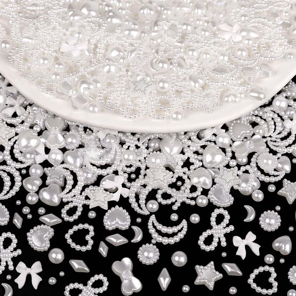 600Pcs 3D Multi Shapes Nail Charms - White Mix Styles Stars Bowknots Heart Pearls for Nail Art DIY Crafts Design Accessories Nail Supplies(White)