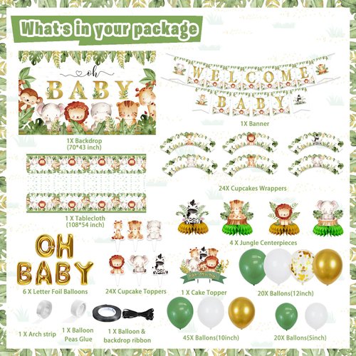 Safari Jungle Baby Shower Decorations, Jungle Animal Party Supplies Decor for Boy Girl Showers Birthdays with Banners Cake Topper Cupcake Topper Balloons Sash Corsage