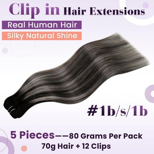 LaaVoo Clip in Hair Extensions Real Human Hair Black Ombre Silver Grey Balayage Human Hair Clip in Extensions Black Balayage Clip in Hair Extensions Black Women Long Straight 20 Inch 80g/5pcs