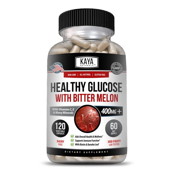 Kaya Naturals Healthy Glucose with Bitter Melon Supplement Support Healthy Levels & Function, 20 Herbs Vitamins Minerals, Alpha Lipoic Acid, Cinnamon, Vitamin C & E Gluten Free, Non-GMO - 120 Caps