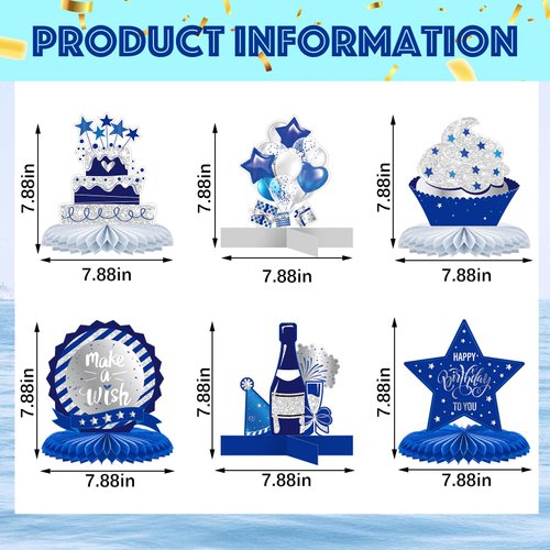 Clabby 12 Pieces Happy Birthday Decorations Birthday Honeycomb Centerpieces for Table Decorations Birthday Honeycomb Table Topper for Women Men Birthday Theme Party Supplies (Blue)