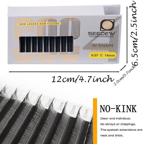 SEEDEW 4D Lash Extensions, 0.07mm D Curl MIX8-15mm 12 Rows/Tray, W Shape Flat Stem, Korean PBT Volume Eyelash Grafting for Beginner Artist, Lash Tech, Beauty Salon(4D-Matte Black-0.07-D-MIX8-15mm)